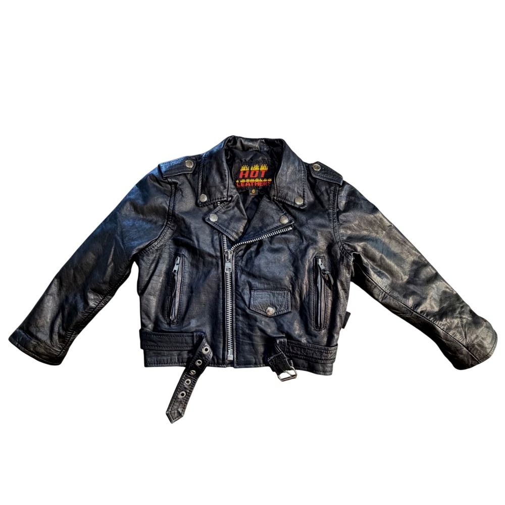 Hot Leathers Kids Genuine Leather Biker Jacket Black Size 6 yr Moto Retro Zip